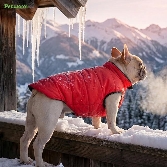 PetWarm Reversible Dog Winter Coat, Windproof Dog Puffer Vest, Soft Vest for Dogs with Hook-and-Loop Strap for Easy Dressing, Waterproof Coat for Dogs with Adjustable Fit, Red, M