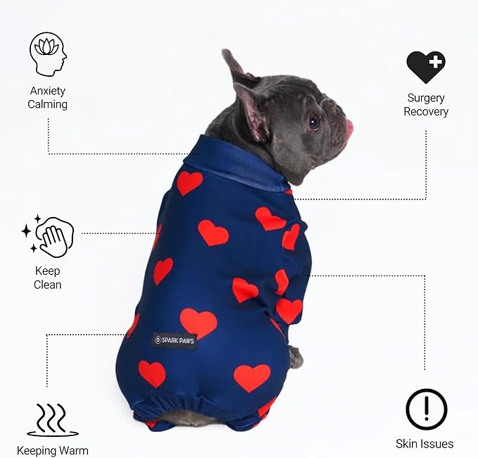 Spark Paws Dog Pajama, Dog Recovery Suit Male, Onesie, Ultra-Soft and 4-Way Stretch, for Small Medium and Large Breeds - Hearts - 3XL