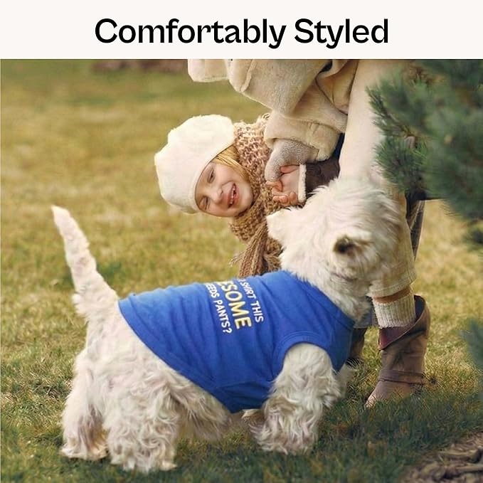 Parisian Pet Dog T-Shirt - Embroidered “ Awesome “ Shirt - Pure Cotton and Lightweight Dog Clothes - Blue Sleeveless Tee Shirts - Cute Puppy Clothes - Shirts for Large Dogs Boy - L