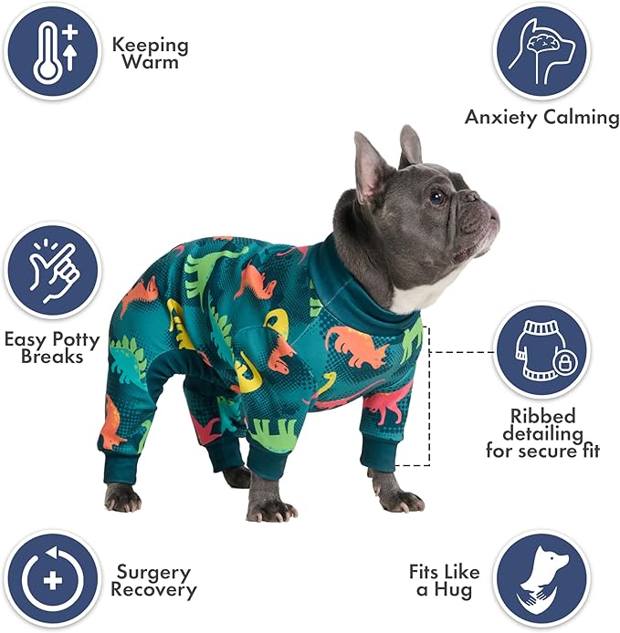 Spark Paws Dog Pajama, Dog Recovery Suit Male, Onesie, Ultra-Soft and 4-Way Stretch, for Small Medium and Large Breeds - Dinosaurs - 2XL