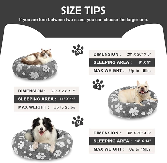 Yaning Donut Dog Beds for Small Dogs, Calming Round Cat Beds for Indoor Cats, Cute 3D Textured Paw Pet Bed with Removable Washable Cover and Anti-Slip Bottom（Grey，20"）