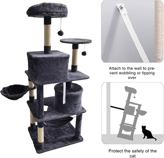 Cat Tree 60.63 inches Cat Tower for Indoor Cats, Multi-Level Cat Condo Furniture with Scratching Posts, Plush Perches, Activity Center with Cozy Basket & Hammock for Cats (Darkgray)
