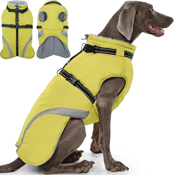 QBLEEV Dog Coat for Large Dogs, XL Dog Jacket for Winter Snow Waterproof with Built-in D-Ring Harness, Reflective Warm Thick Fleece Safety Vest, Cold Weather Snowsuit with Zip, Green, XL