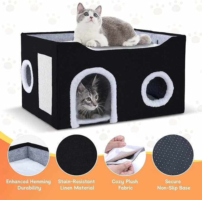 Gosipeya Cat House for Indoor Cats – Foldable Cat Cave & Covered Cat Bed, Cozy Hideaway for Small Pets and Large Cats (23.6"x16"x12.8"),Black