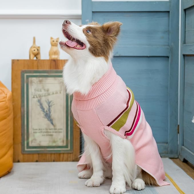 PAWCHIE Dog Sweater - Warm Turtleneck Coat for Large Dogs, Girls & Boys, Stretchy Knitted Outfit with Leash Hole, Pink L/XL