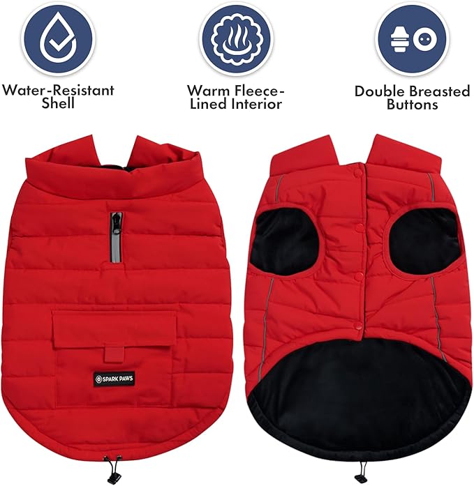 Spark Paws Dog Winter Jacket, Water-Resistant Coat, Warm Reflective Windproof Fleece-Interior, for Medium and Large Dogs - Red - L