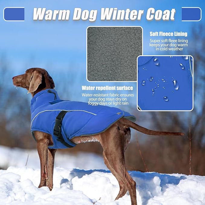 DENTRUN Winter Warm Dog Coat Reflective Jacket with Turtleneck for Cold Weather, Adjustable Buckle Windproof Water Repellent, Thick Snowsuit Fleece Vest for Small, Medium, Large Dogs, Blue, S