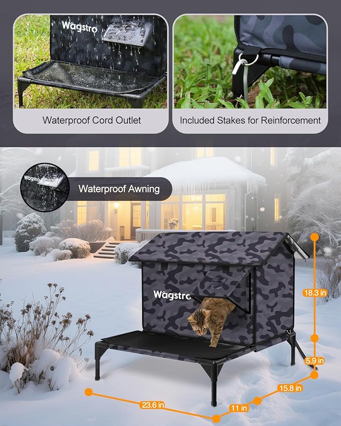 Wagstro Large Heated Cat House for Outside with Dampless Deck, Highly Elevated, Exit-Only Door, Waterproof Insulated Outdoor Cat Shelter for Feral Stray Barn Cat