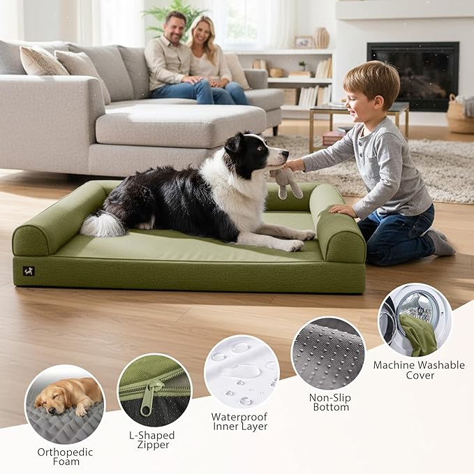 Sytopia 42in Chew Proof Dog Beds for Large Sized Dogs, Waterproof Egg Crate Foam XL Orthopedic Pet Bed with Removable Washable Cover, Non-Slip Bottom, Supports up to 100 lbs for Senior Pet, Green