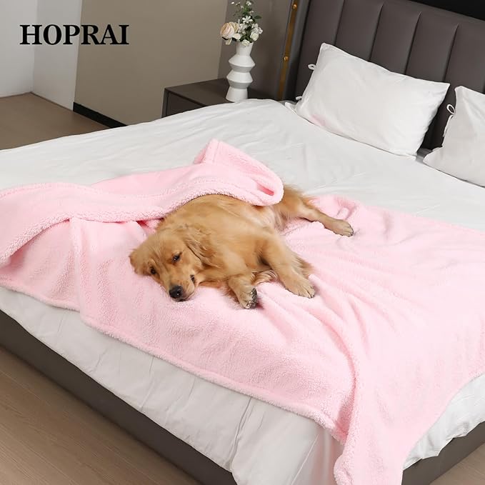 HOPRAI Waterproof Pet Blanket for Medium Large Dogs Washable Fluffy Thick Jacquard Shag Fleece Warm Sherpa Pet Blanket Cats Puppy Couch Protection (Pink L57*65inches)