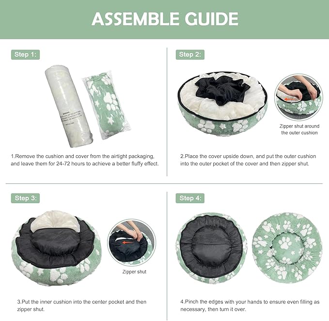 Yaning Donut Dog Beds for Medium Dogs, Calming Round Cat Beds for Indoor Cats, Cute 3D Textured Paw Pet Bed with Removable Washable Cover and Anti-Slip Bottom（Green，30"）