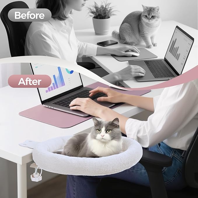 Rotating Cat Desk Bed for Remote Workers, Home Office Staff and Gamers ，Quality Soft Cat Bed, 360° Swivel, Removable Washable Cushion, Comfortable and Easy to Assemble, Supports up 40 lbs(White)