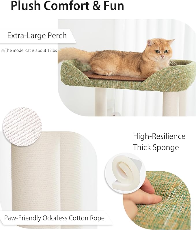 LULUCAT Cat Tree Tower 37.4'' (95 cm) with Scratching Posts,Multi-Level Cat Tree Tower with Wide Shelves for Senior Friendly Baby/Large Cats, Scratching Posts(Olive Green)
