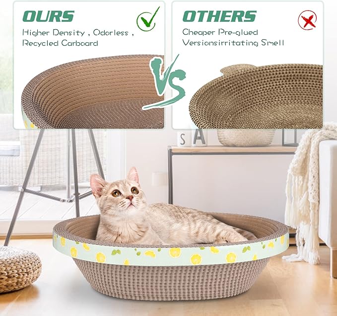 ROMOHOM Oval Cardboard Cat Scratcher Bed Lounge Couch for Indoor Cats, Cat Scratching Board Large Lounger, Durable Cat Scratch Pad Box Furniture 19.5 x 15.6 x 4.7 Inch