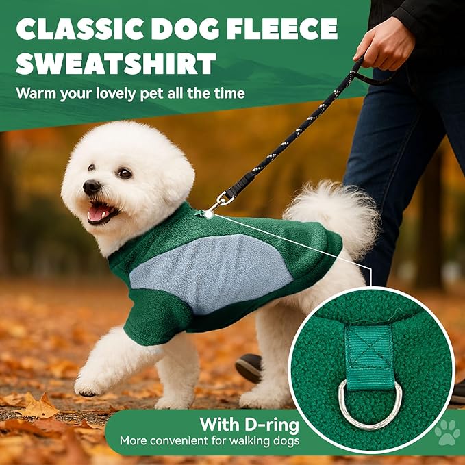 Small Fleece Dog Sweater with Leash Ring Soft Warm Fall Winter Dog Clothes Cute Cat Apparel Puppy Sweaters Classic Pullover Doggy Sweatshirts Chihuahua Costumes Cat Outfits(Green,L)