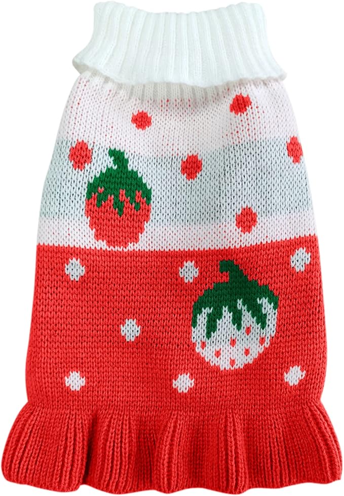CHBORCHICEN Pet Dog Sweaters Classic Knitwear Turtleneck Winter Warm Puppy Clothing Cute Strawberry and Heart Doggie Sweater (M, Dress-Red1)