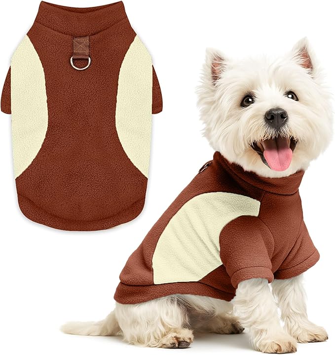 Small Fleece Dog Sweater with Leash Ring Soft Warm Fall Winter Dog Clothes Cute Cat Apparel Puppy Sweaters Classic Pullover Doggy Sweatshirts Chihuahua Costumes Cat Outfits(Brown,XL)