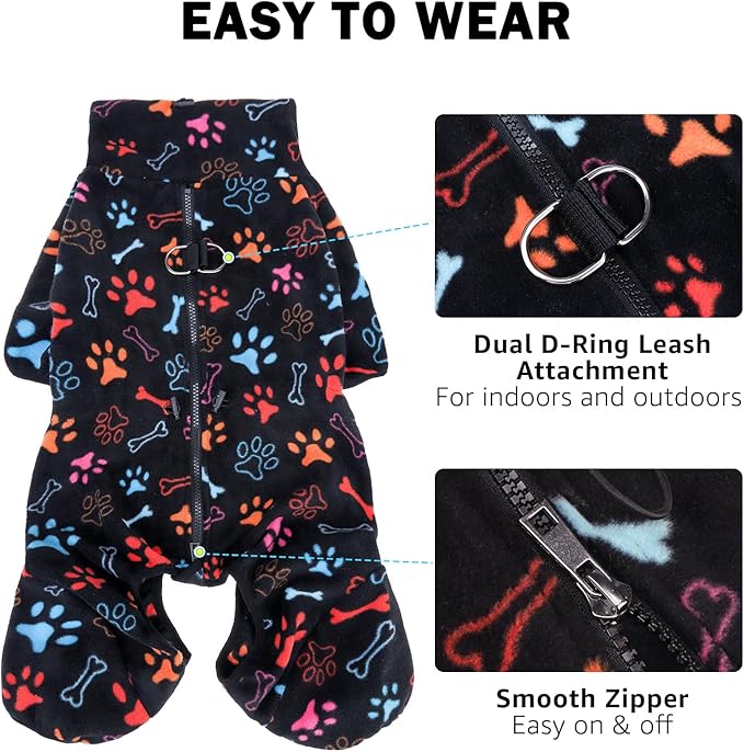 SCENEREAL Fleece Dog Coat Jacket for Small Medium Large Dogs, Soft Pullover Pajamas, Dog Sweater with Harness Built in, Cold Weather Pet Snowsuits Outfits Clothes for Puppis Boys Girls, Black SM