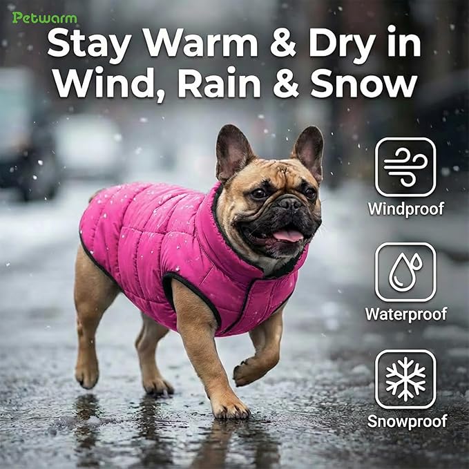 PetWarm Reversible Dog Winter Coat, Windproof Dog Puffer Vest, Soft Vest for Dogs with Hook-and-Loop Strap for Easy Dressing, Waterproof Coat for Dogs with Adjustable Fit, Pink, 2XL