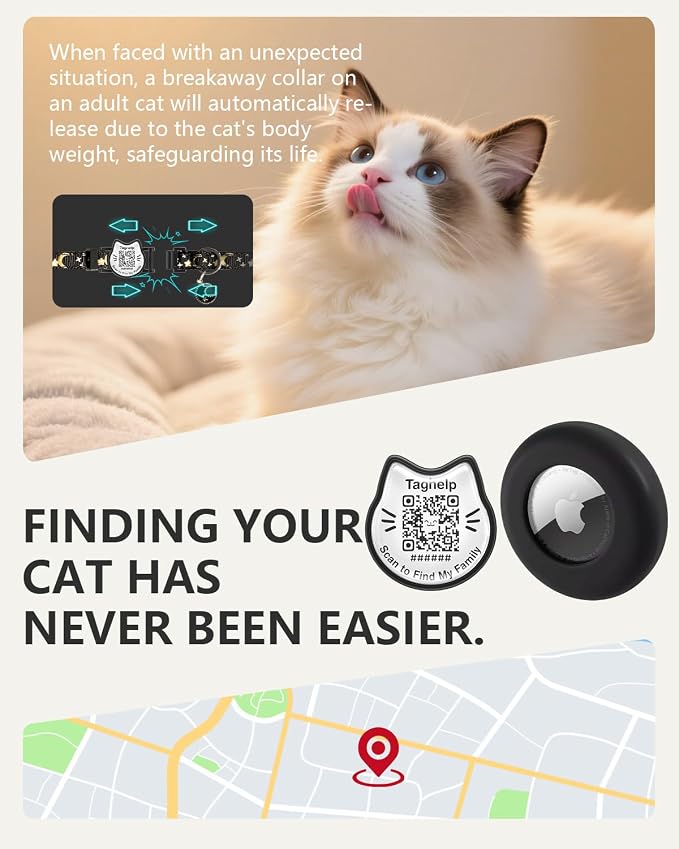 3 Pack Smart QR Code Cat Collars with Built-in AirTag Holder, Breakaway Adjustable Kitten Collars with Moon Pendant, Safety Pet ID Collars for Cats, 7.0–12.5”, Black Blue Pink
