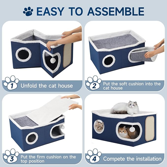 Shikha Cat Beds for Indoor Cats, Extra Wide Cat Cube House for Multi Cats, Foldable Cat Cave Hideaway with Arc-Edge Design & Oval Door, Reversible Cushion for All Seasons, 24"L x 17.7"D x 12.6"H, Blue
