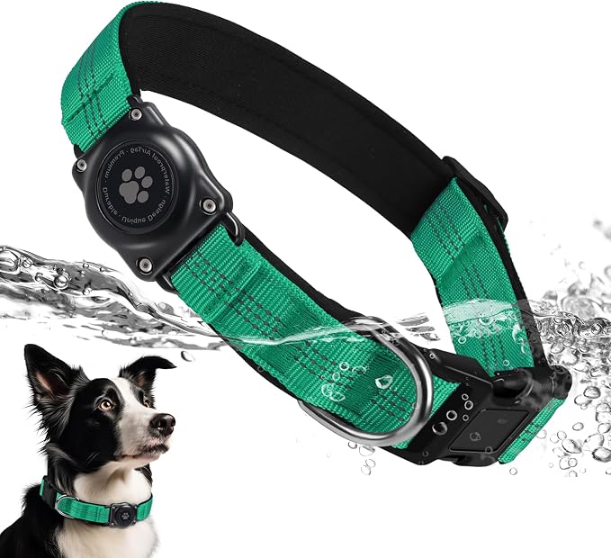 Upgrade Dog Collar with AirTag Holder, IP68 Waterproof, Teal, S | Built-in Water Resistant AirTag holder, 1000D Nylon, Reflective Stitching for Night Visibility, Soft padding for Comfort