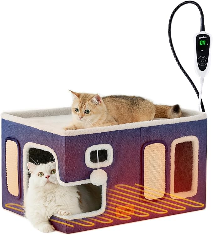 ZOMISIA Heated Cat House for Indoor Cats - Large Cat Warming Bed for Winter with Fluffy Ball Hanging and Adjustable Heating Pad, Foldable Cat Hideaway,23x16.5x13 inches, Navy Blue