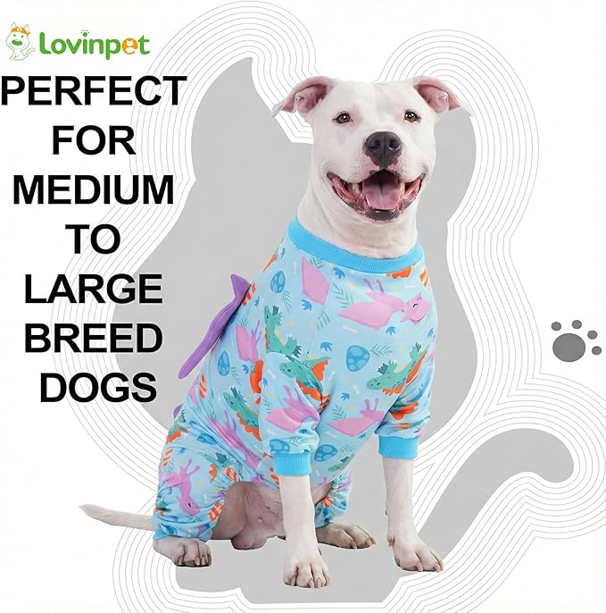 LovinPet Large Dog Pajamas, Four-Leg Stretch Onesie Bodysuit, Lightweight UV-Shielding Pajamas, Anti-Lick Calming Recovery Suit for Surgery, 3D Dino Wing Design with Soft Spikes， Blue Purple， M