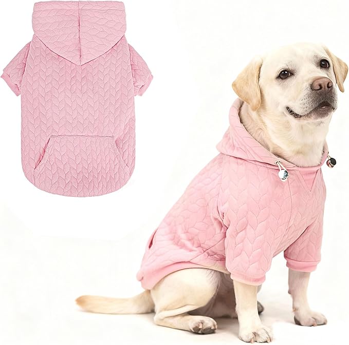 EXPAWLORER Textured Cable Knit Basic Dog Hoodie, Elevated Style Dog Sweater with Leash Hole and Pocket, Soft and Warm Pet Winter Coat, Cold Weather Clothes for Small Medium Large Dogs Cats,Pink XXL