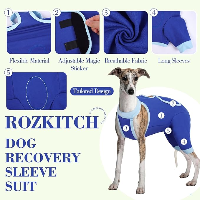 ROZKITCH Dog Surgery Leg Sleeve Rear Legs, Male Female Pet Prevent Licking Wound Elbow Knee Protector, Dog Recovery Suit Cone Collar Alternative Pants Shirt for Wound Heal Wrap Blue XL