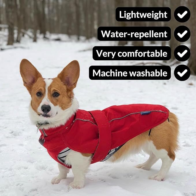 DJANGO Dog Jacket & Raincoat – Lightweight Water-Resistant Coat for Small, Medium & Long Dogs Like Dachshunds – Reflective, Adjustable Fit, Harness-Compatible & Easy-Access Harness Hole - Green, Large