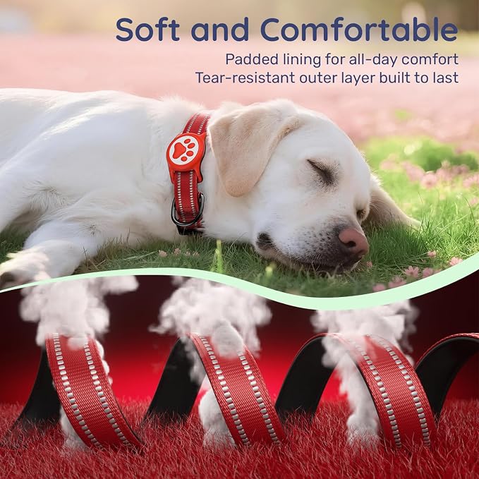 Premium Airtag Dog Collar，with IP68 Waterproof AirTag Holder,Red,L | Soft,Breathable,Nylon Padded,Reflective,Ultra-Durable Buckle,Adjustable,Comfortable for Small Medium Large Dogs