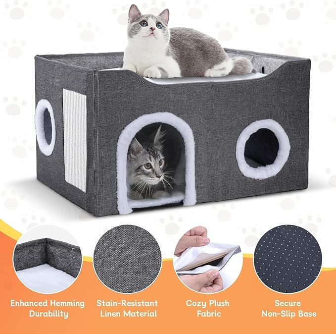 Gosipeya Cat House for Indoor Cats – Foldable Cat Cave & Covered Cat Bed, Cozy Hideaway for Small Pets and Large Cats (23.6"x16"x12.8"),Dark Grey