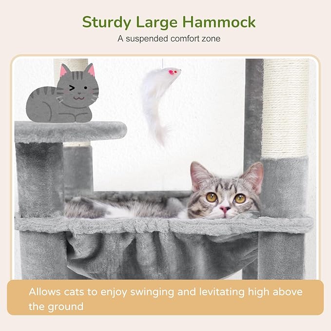 Globlazer Cat Tree Tower with Scratching Post for Indoor Cats, 53inch Tall Plush Multi-Level Cat Climbing Tower Condo House with Large Hammock, Spacious Cat Cave, Padded Top Perch Bed, F53, Light Gray