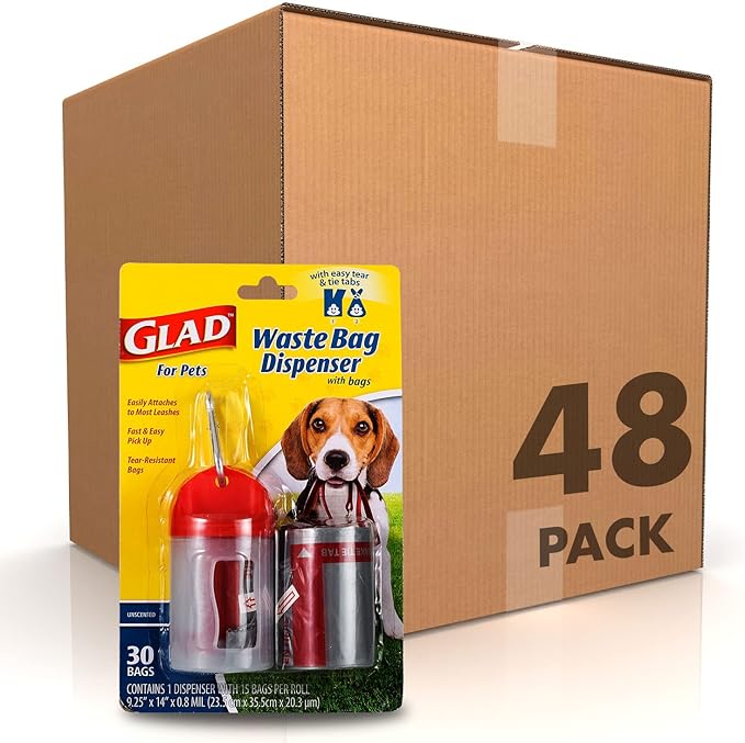 Glad for Pets Extra Large Unscented Dog Waste Bags with Dispenser and Metal Clip - Plastic Disposable Heavy Duty Poop Bags for Dogs, Easy to Use for Dog Walking (Pack of 48, 1440 Count Total)