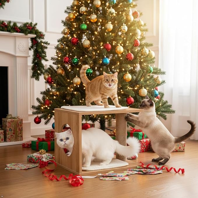 VICTORY RELAX Modern Cat Tree & Condo - Natural Wooden Cat House Indoor with Cozy Kitten Bed, Elevated Perch & Integrated Scratching Post - Stylish Cat Furniture (18.3" D x 14.6" W x 14.6" H)