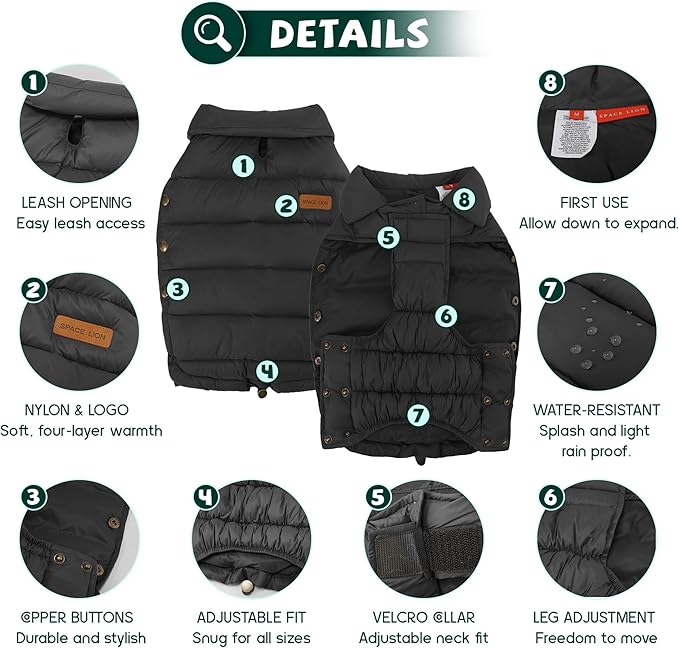 SPACE LION Dog Puffer Jacket, Down Winter Coat, Durable Outdoor Coat for Cold and Windy Conditions, Lightweight & Adjustable Fit Coats for Large Dogs, (Black, Size26/3XL)