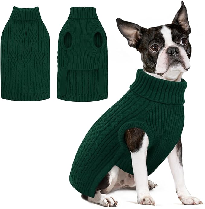 SUNFURA Christmas Dog Sweater, Dog Sweaters for Medium Dogs Girl Boy, Warm Soft Sweaters Pullover for Fall Winter, Solid Color Turtleneck Knitwear Clothes for Pug, Yorkie, Boston Terrier, Green M