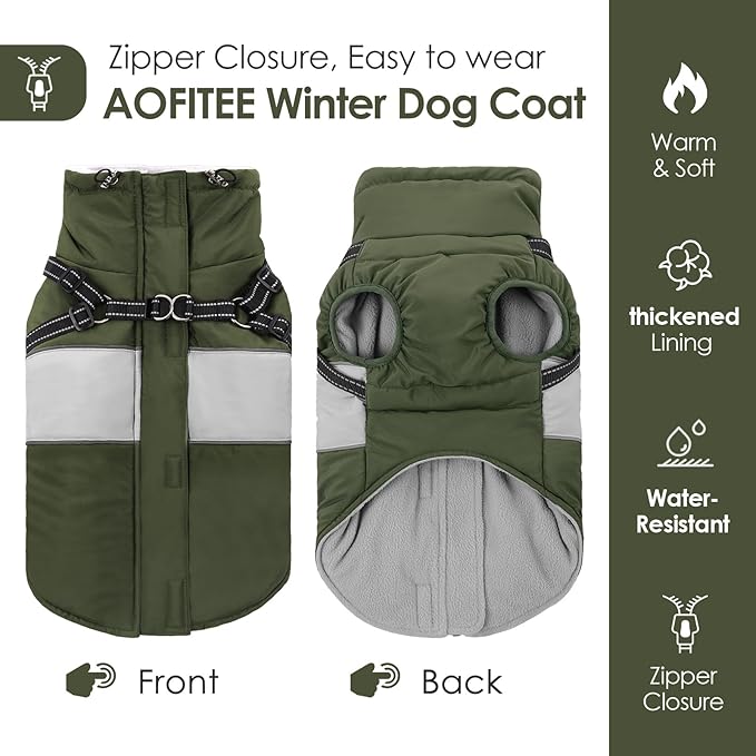 AOFITEE Dog Coat, Warm Dog Jacket with Harness Built in, Waterproof Coats for Small Dogs, Dogs Winter Coat Puffer Jacket with Zipper & Fleece Collar, Pet Snowsuit Sweater for Chihuahua Yorkshire, XS