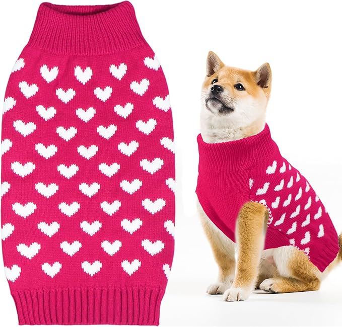 Valentines Dog Sweater, Dog Valentines Clothes Outfit Knitted Sweaters for Small Medium Large Dogs Pets (Rose Red Heart, X-Large)