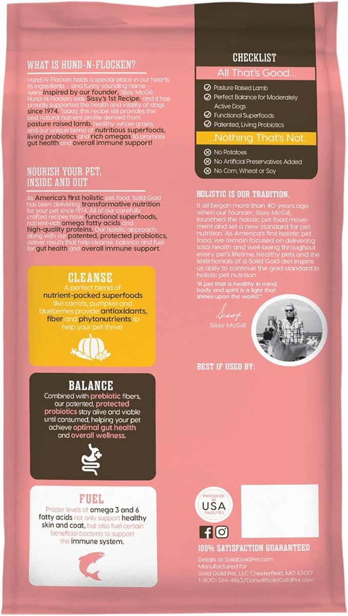 Solid Gold Lamb Dog Food Dry for Adult & Senior Dogs– High Protein Healthy Dog Kibble for Medium & Large Breeds – Whole Grain, Omega 3 & Digestive Probiotics for Gut Health & Everyday Nutrition – 4 LB
