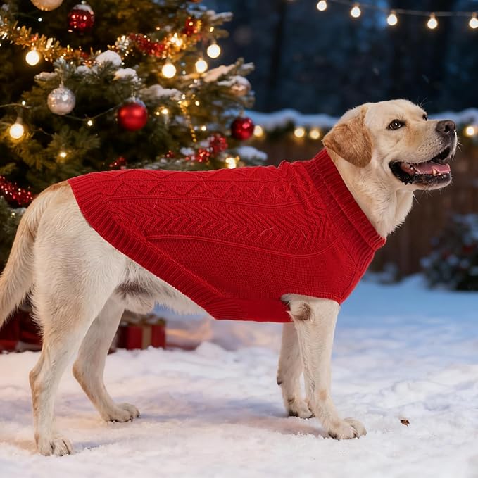 PUPTECK Dog Sweater, Turtleneck Warm Knitted Pullover Coat, Thick Cable Knitwear Clothes in Winter, Pet Apparel Outfits for Large Dogs, for Cold Weather Indoor & Outdoor, Red L