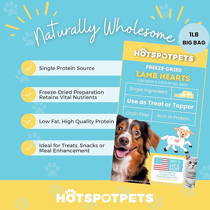 hotspot pets Freeze Dried Lamb Heart Treats for Cats & Dogs - 1LB Big Bag- Single Ingredient All Natural Grain-Free - Perfect for Training, Healthy Topper or Snack - Made in USA