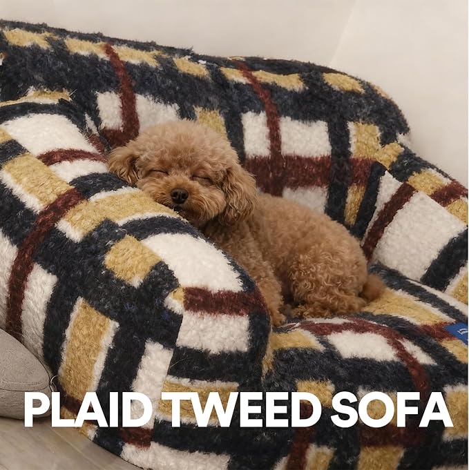 ZEZE Vintage Furniture Style Sofa Pet Bed - Washable Plush Dog & Cat Couch, Retro Style Pet Furniture, Soft Cozy Support for Pets (Medium, Mondrian Check Pattern)