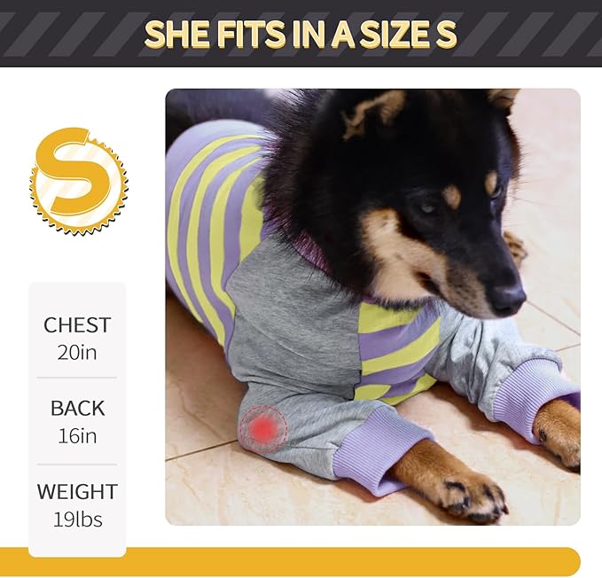 FUAMEY Dog Recovery Sleeve with Elbow Protector,Dogs Shirt Stop Licking Joints,Pet Long Sleeve Suit Protecting Dog's Front Leg Arm Wounds Cover Skin Conditions Purple Stripes L