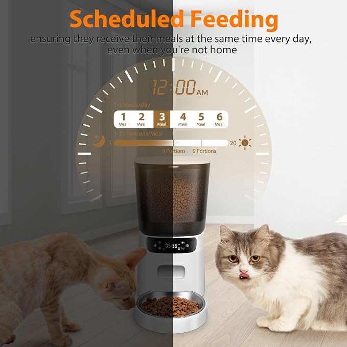 Automatic Cat Feeder, Cat Food Dispenser with Stainless Steel Bowl, Timed Portion Control 20 Portions 6 Meals Per Day, Voice Recorder, Dual Power Supply for Small Dogs (White)