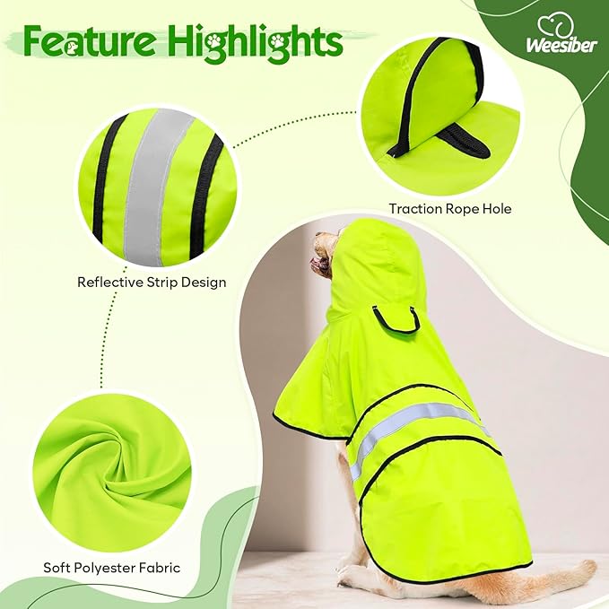 Weesiber Dog Raincoat, Waterproof Dog Rain Jacket with Leash Hole, Reflective Puppy Rainwear Hooded Pet Poncho Slicker for Walking (XL, Green)