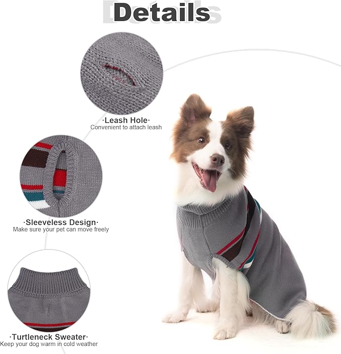 PAWCHIE Dog Sweater for Large Size Dog Girls Boys, Warm Coat Turtleneck Thick Dog Clothes with Leash Hole, Stretchy Knitted Dog Outfit for Small to Large Doggy Puppy Cat, Grey L/XL