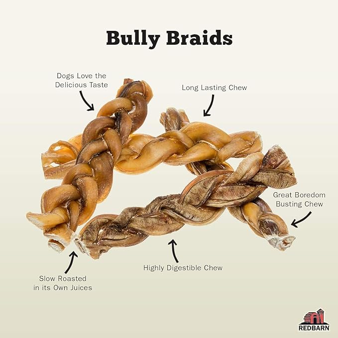 Redbarn Pet Products All Natural 5"-8" Braided Bully Sticks for Small & Large Dogs - Healthy Long Lasting Beef Chews Variety Party Pack - Single Ingredient Low Odor Rawhide Free - 8 oz Bag