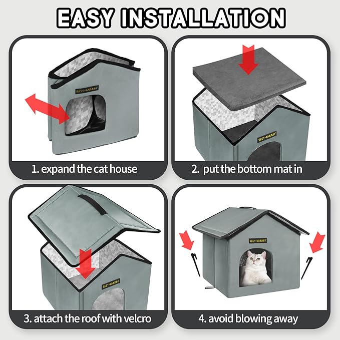 Rest-Eazzzy Cat House for Outdoor Cats, Weatherproof and Insulated Feral Cat House with Mat and Clip, Easy to Put Together, Selfwarming Cat Shelter for Winter, Never Blow Away (Grey, House X 2)